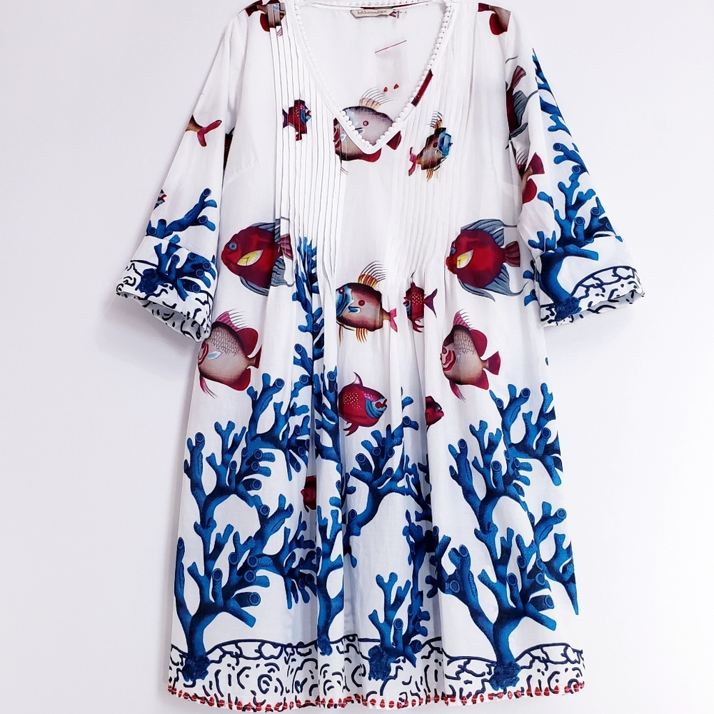 Soft Surroundings White and Blue Fish Print Dress
